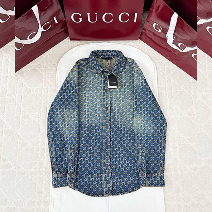 gucci gg allover printed washed jacquard denim shirt
